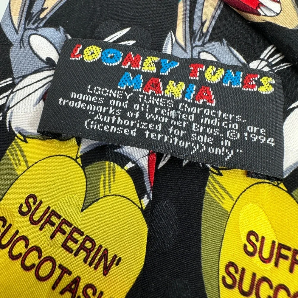 Looney Tunes Mania Necktie Black 1994 Vintage Silk Cartoon‎ Hearts Bugs Bunny